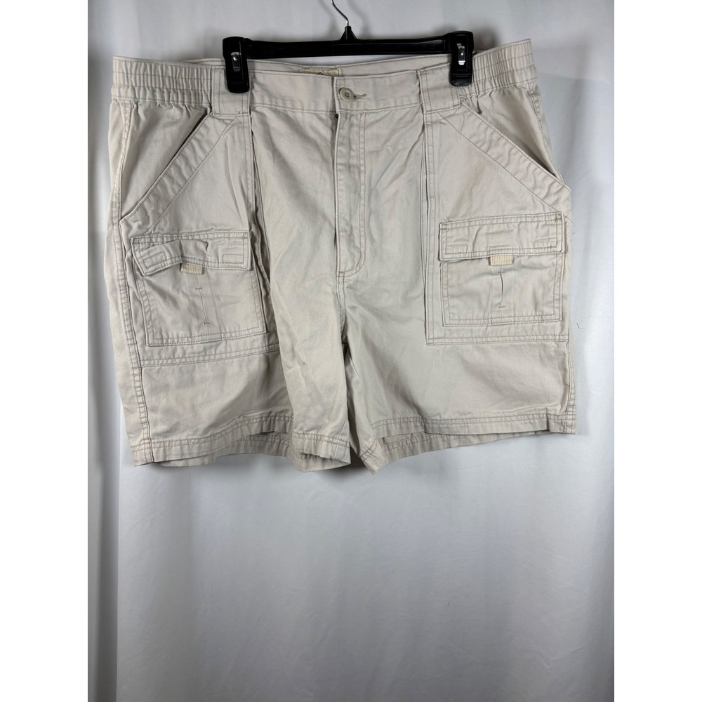 St Johns Bay Mens Khaki Cargo Shorts Size 42 Elastic Waist Cotton Twill Tan